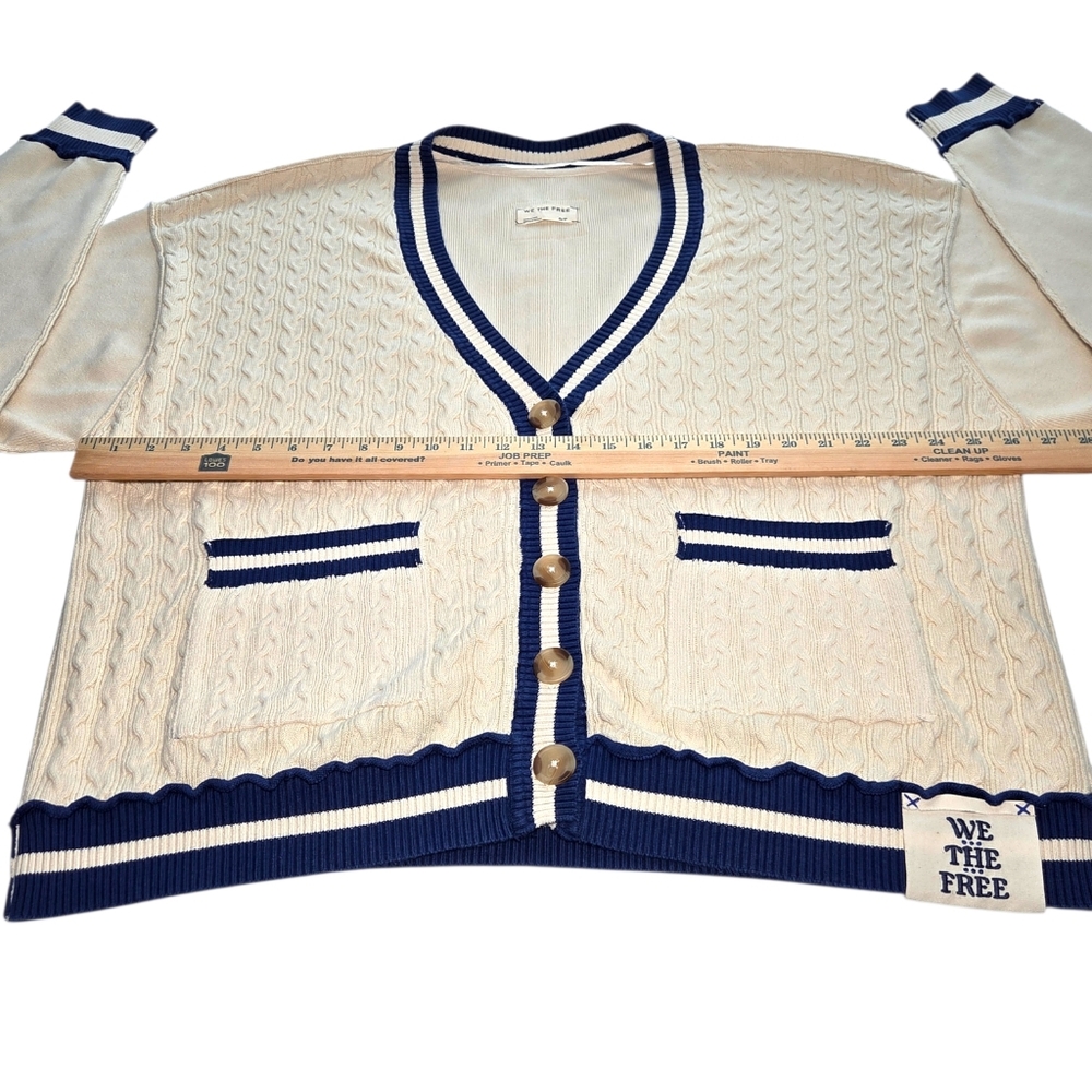 We The Free Varsity Cardigan Ecru Blue Cable Knit Oversized Collegiate S NWOT - Picture 8 of 15